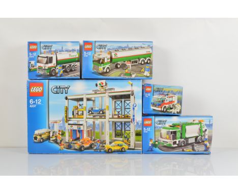 Five boxed Lego City models, Town Garage 4207, opened but all bricks in factory sealed packets with opened manual, Tank Truck