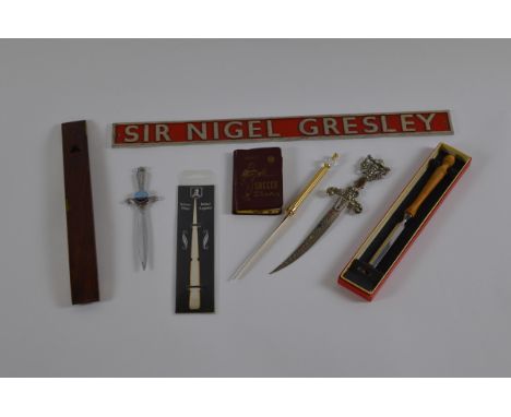 A mixed lot of collectables including, Sir Nigel Gresley enamel plaque, a J. Rabone &amp; Sons spirit level No.1625, letter o