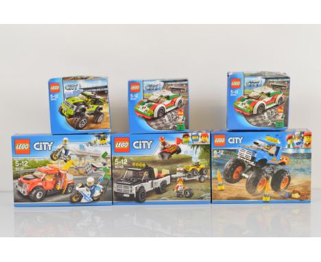 Six boxed Lego City models, including Tow Truck Trouble 60137 unopened, ATV Race Team 60148 unopened, Monster Truck 60055 uno