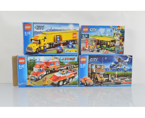 Four boxed Lego City models, including Bus Station 60154 unopened, Helicopter Arrest 60009 opened with three sealed polybags 
