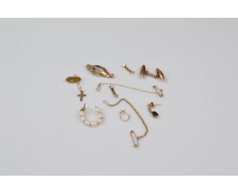 A small quantity of miscellaneous gold, including a 9ct gold diamond and ruby lapel pin, a single torpedo cufflink, various s