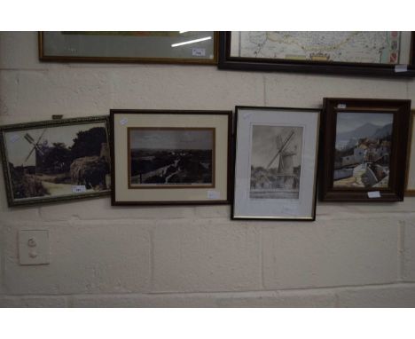 Group of framed vintage photographs, monochrome print of Cley Mill and a small continental oil on canvas study of a village s