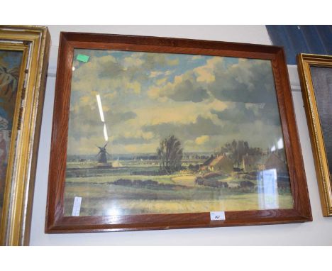 Coloured print of a rural scene with windmill
