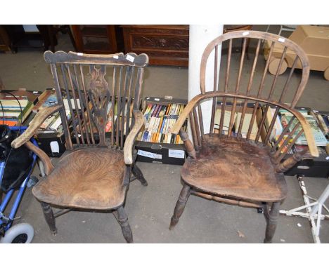 Two 19th Century stick back and elm seated chairs, requiring restoration