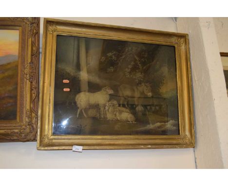 B Zobel, coloured print, sheep and a donkey, gilt framed
