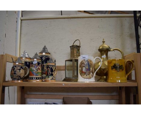 Mixed Lot: German beer steins, lantern, brass teapot etc