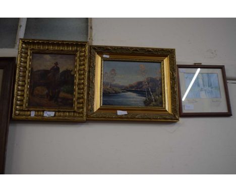 Mixed Lot: Small oil on board study of a riverside scene, a Brandon Cox coloured print Morning Rise and a further naive oil o