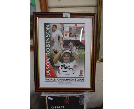 Jason Robinson, signed photographic print with commemorative England Rugby stamps, framed and glazed