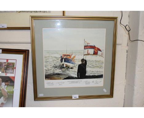 Lifeboat Interest - Manchester Unity of Oddfellows, The Final Launch Sheringham October 8th 1890, signed coloured print, fram