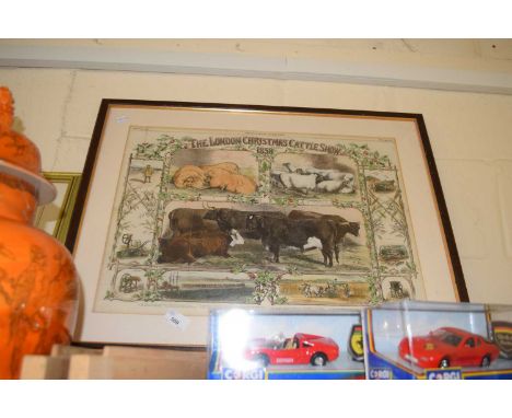 Coloured print from the London Illustrated News, The London Christmas Cattle Show 1858, framed and glazed