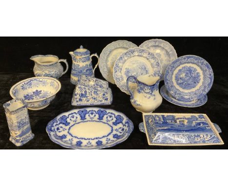 An early 20th century Burleigh Ware blue and white transfer printed cheese dish and cover; others similar, a Spode Italian Sc