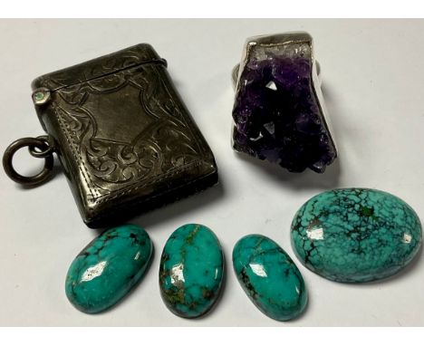 A sterling silver amethyst geode ring, size M; four polished, turquoise cabochons; a silver vesta case, 4cm, Birmingham 1906,