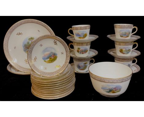 A 19th century Staffordshire part tea service, picturesque views with gilt borders, comprising cake plates, side plates, suga