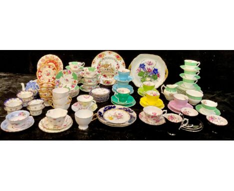 An Adderley Floral harlequin part tea service; other tea ware including Royal Albert, George Jones, Aynsley, Royal Crown Derb