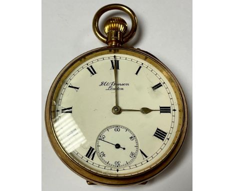 A 9ct gold open face pocket watch, white enamel dial, Roman numerals, subsidiary seconds dial with Arabic numerals, JW Benson