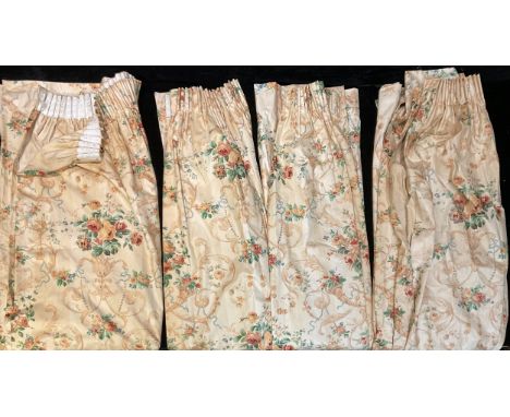Textiles  a pair of Country House style floral curtains, 226cm long, 200cm wide; another pair similar, 226cm long 132cm wide 