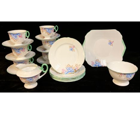 A Shelley pink and blue floral pattern tea service for six comprising cake plate, side plates, cream jug, sugar bowl, cups an