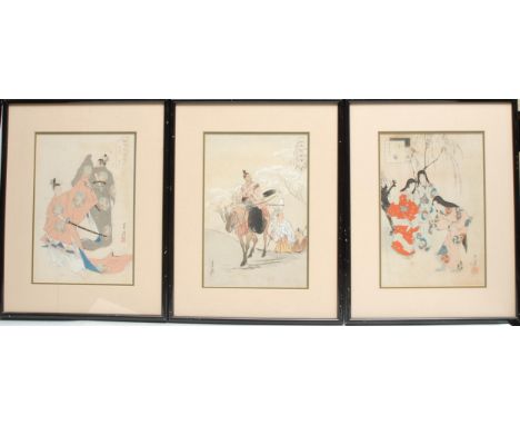 Ogata Gekko (Japanese 1859 - 1920), a pair of woodblock prints, Deer Hunting and Shundeigaku Performance, 32.5cm x 22cm, Meij
