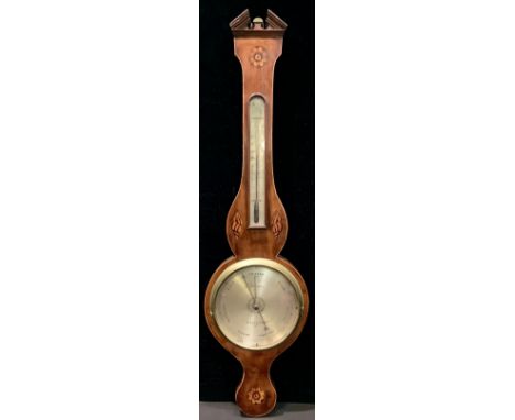 A 19th century mahogany and marquetry wheel barometer, silvered register inscribed, F. Donegan, Leicester, 98.5cm high 