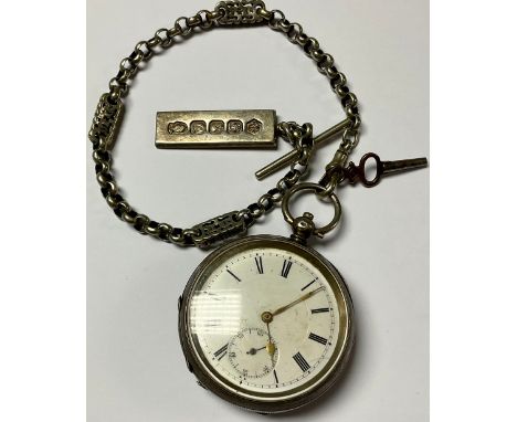 A silver pocket watch, white enamel dial, Roman numerals, subsidiary seconds dial, key wind, silver ingot 