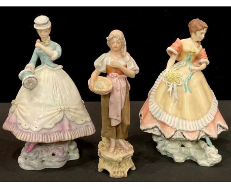 A Royal Worcester figure, Victorian Series, Penelope; another, Lisette; a Royal Dux figure, of a female with basket of fish, 