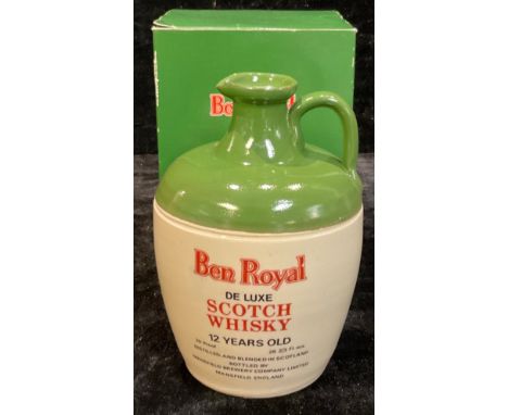 A stoneware flask of Mansfield Brewery Ben Royal 12 Year Old Scotch Whisky, commemorating the Silver Jubilee of Her Majesty T