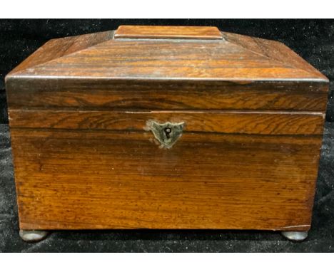 A Victorian rosewood sarcophagus tea caddy, hinged cover enclosing a pair of lidded compartments, c.1860 