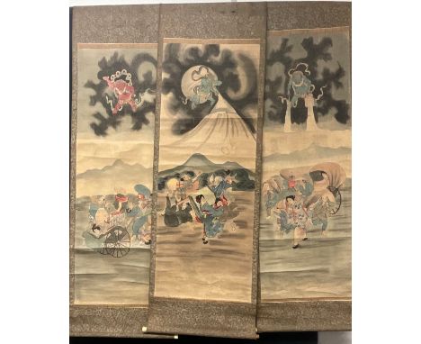 Chinese School, a scroll, pigments on silk, with wind demon and farmers, 122cm x 51cm;  others (3) 