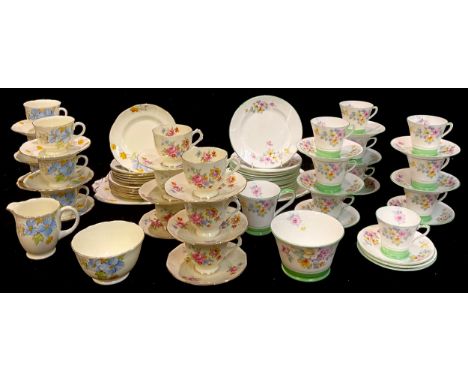 A Foley China Begonia pattern tea service for six comprising cake plate, cream jug, sugar bowl, side plates, cupas and saucer