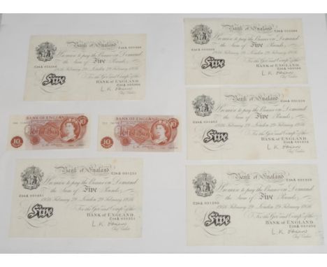 Banknotes, GB, an excellent group of white £5 notes: issue of 29th February 1956, crisp uncirculated, L K O’Brien, series C24