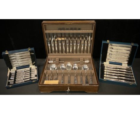 A Mappin &amp; Webb set of silver plated flatware for six in an oak canteen with key, a conforming set of six fish knives and