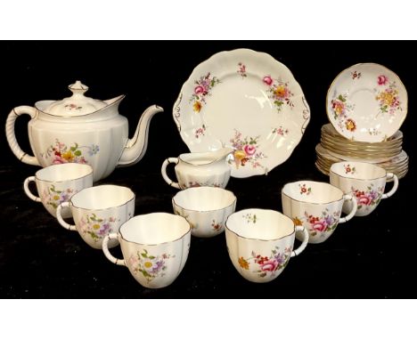 A Royal Crown Derby Posies tea service for six comprising teapot, cream jug, sugar bowl, cake plate, side plates, cups and sa