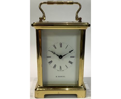 A brass five glass carriage clock, H Samuel, white dial, Roman numerals, Duverdrey &amp; Bloquel France, 14.5cm over carry ha