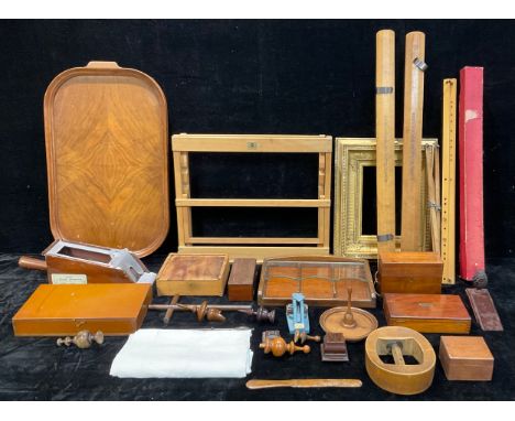 A "Banker" hand held card dealing casino shoe; assorted mahogany boxes; a galleried tray; a table top easel; trouser presses;