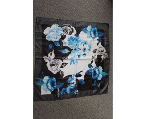 A LADIES 'OFF WHITE' SILKY FABRIC SQUARE SCARF, with rose pattern on white grey and black ground, approx 78 x 78 cm