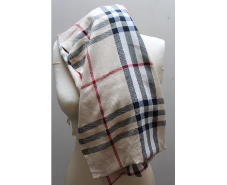 A BURBERRY TRADITIONAL CHECK LIGHTWEIGHT CAMEL SCARF, fringe detail to ends, approx L 180 cm W 68 cm