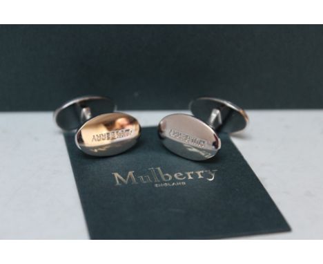 A BOXED PAIR OF SILVER-TONE MULBERRY OVAL TREE CUFFLINKS