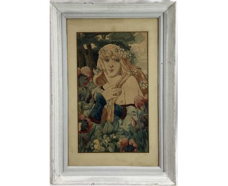 Art Nouveau watercolour of a woman by V. Meurein, 29 x 49cm, glazed frame