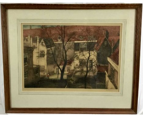 Jan Christian Poortenaar (1886-1958) coloured etching, backs of houses, signed and with blind stamp, image 29 x 44cm, glazed 