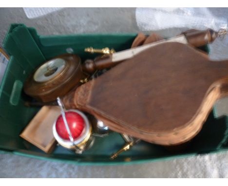 A mixed lot of a barometer, a set of bellows, a lantern, and a wooden tribal oval shaped lidded bowl, with a brass trivet