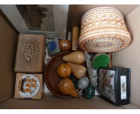 A mixed lot including, a Japanese box with mother of pearl lid, a box with chess pieces, wooden fruit, a figure of a peacock,