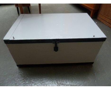 A vintage grey painted pine trunk