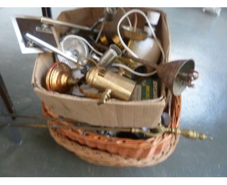 A mixed lot of wicker baskets, three bags of marbles, a lamp, a decanter, with a box of lights and bulbs
