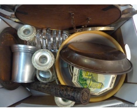 A 20th century silver plated candlestick, with a tankard, a tea tin and some ceramic bowls