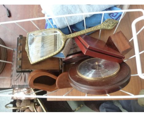 A mixed lot to include several wooden boxes, a brass dresser mirror, a circular barometer