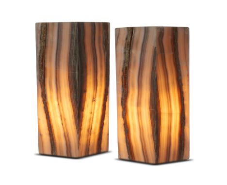 Light/Mineral: A pair of zebra onyx lights, 40cm high