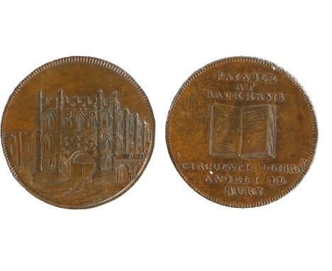 British Token, copper Halfpenny, 1790's, obverse with the Abbey Gate, reverse PAYABLE AT RACKHAMS CIRCULATING LIBRA ANGEL HIL