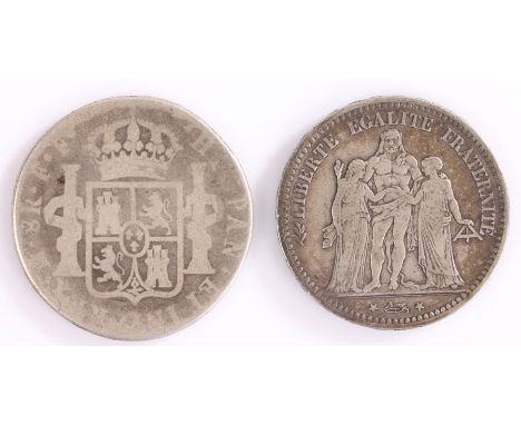 Republic France 5 Franc's, 1873, mint mark K Bordeaux, together with another coin, (2)