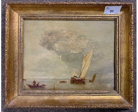 After Jan Van de Cappelle (Dutch,1626-1679), Small Dutch Vessel before a Light Breeze, oil on panel board, 18x23cm, framed.