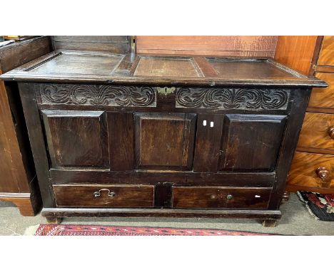 An 18th Century dark oak mule chest with lifting top and two drawers to base, 130cm wide (Item 3 on vendor list)